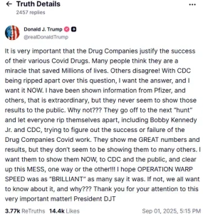 Trump calls on pharmaceutical companies to justify the success of Covid-19 drugs Trump calls on pharmaceutical companies